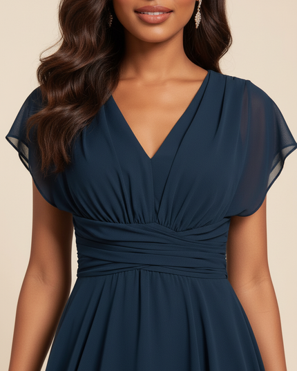 Blaues Chiffonkleid mit V-Ausschnitt - Ansicht 4