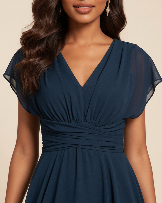 Blaues Chiffonkleid mit V-Ausschnitt - Ansicht 4