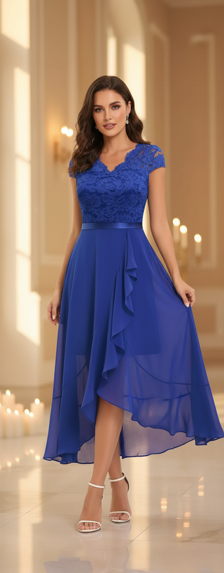 Blaues Chiffonkleid mit Volants - Ansicht 1
