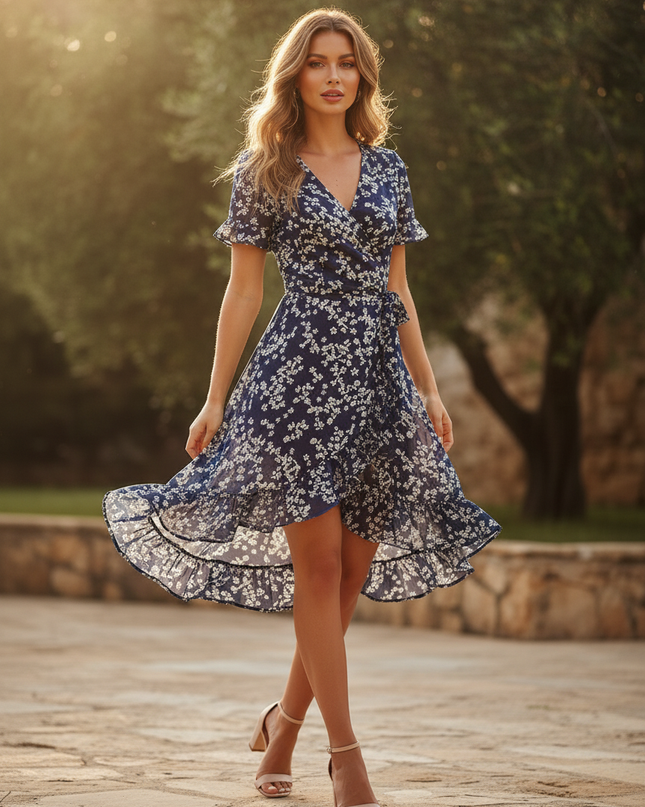 Blaues kurzes Kleid im Wickelstil - Ansicht 3