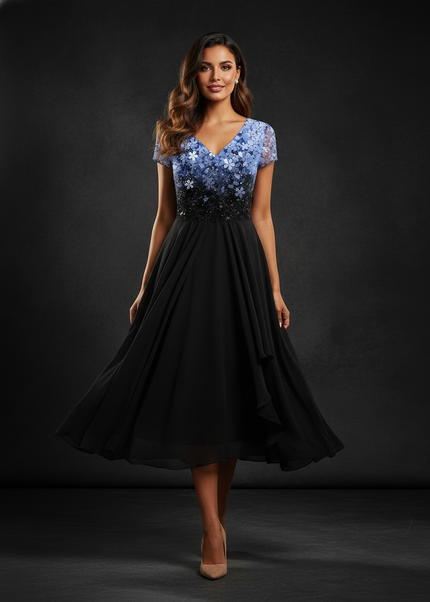 Blaues Chiffon-Midikleid mit Pailletten - Ansicht 1
