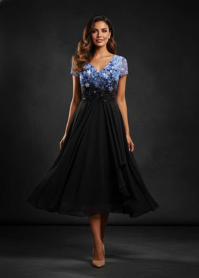 Blaues Chiffon-Midikleid mit Pailletten - Ansicht 1