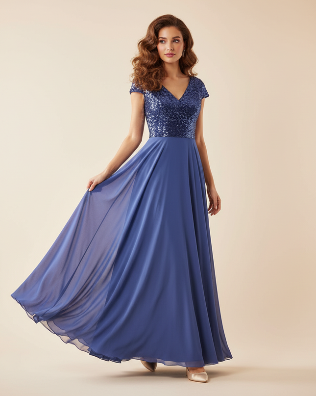 Blaues langes Kleid mit Pailletten - Ansicht 1