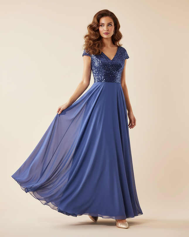 Blaues langes Kleid mit Pailletten - Ansicht 3