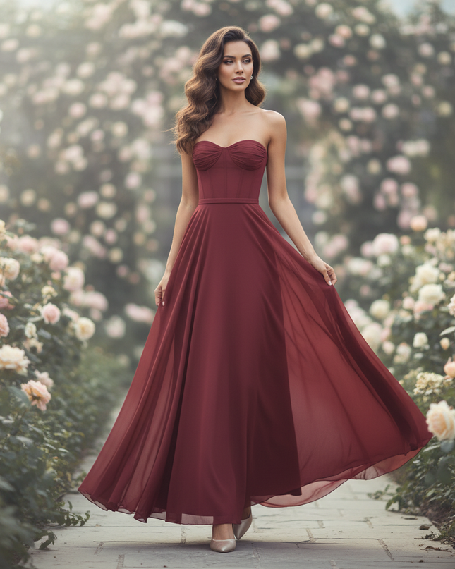 Bordeauxfarbenes Abendkleid mit Korsett bodenlang - Ansicht 1
