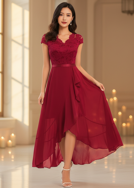 Bordeauxrotes Chiffonkleid mit Volants - Ansicht 1