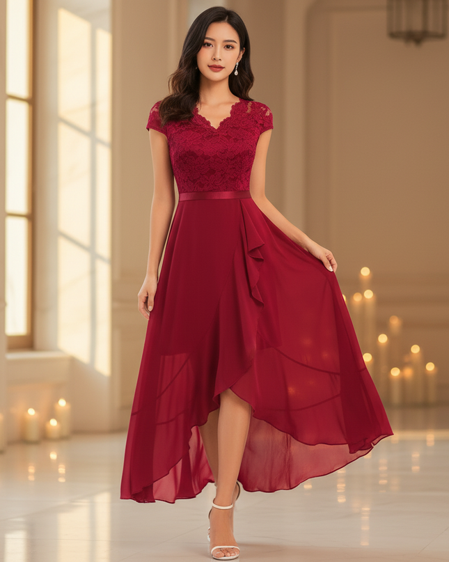 Bordeauxrotes Chiffonkleid mit Volants - Ansicht 1
