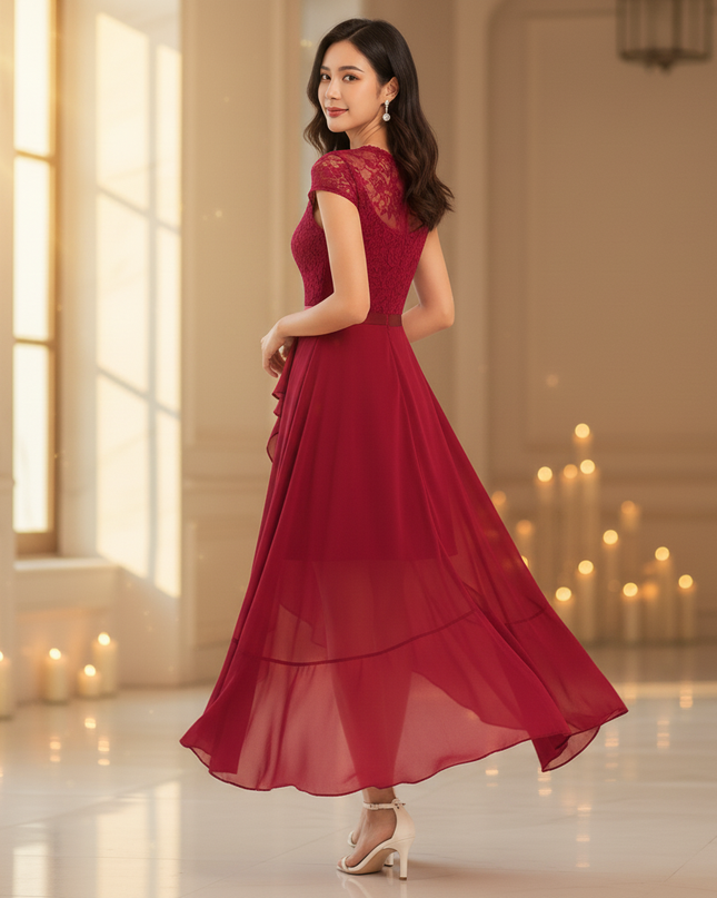Bordeauxrotes Chiffonkleid mit Volants - Ansicht 2