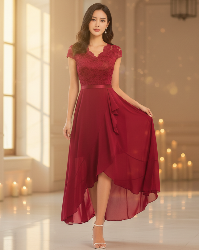 Bordeauxrotes Chiffonkleid mit Volants - Ansicht 3