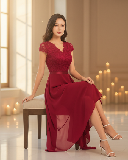 Bordeauxrotes Chiffonkleid mit Volants - Ansicht 5