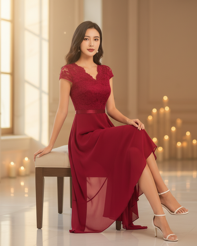 Bordeauxrotes Chiffonkleid mit Volants - Ansicht 5