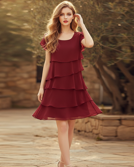 Bordeauxrotes kurzes Kleid mit Volants - Ansicht 1