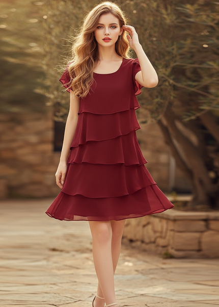 Bordeauxrotes kurzes Kleid mit Volants - Ansicht 1