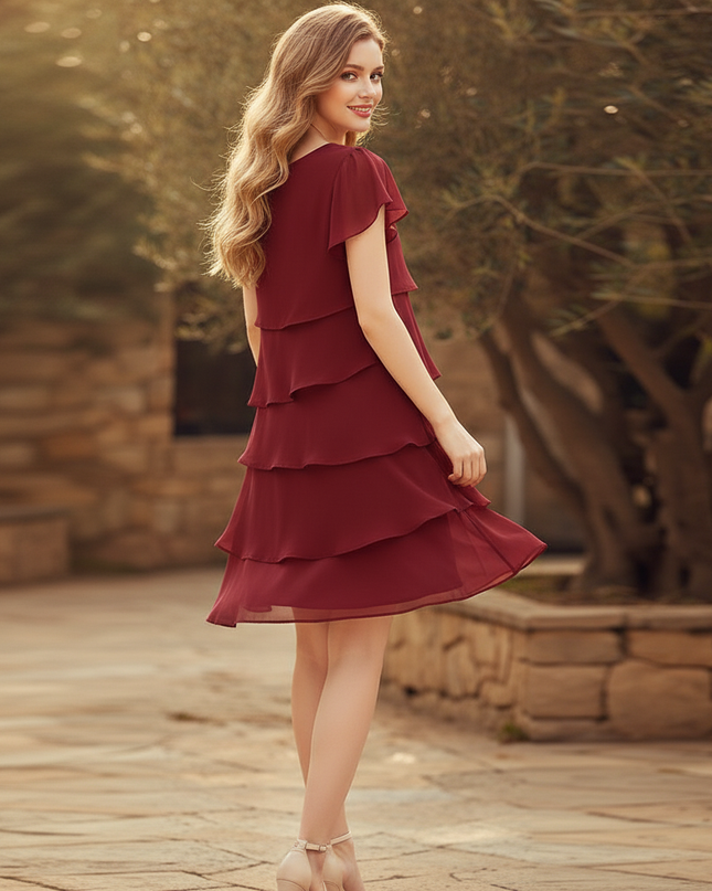 Bordeauxrotes kurzes Kleid mit Volants - Ansicht 2