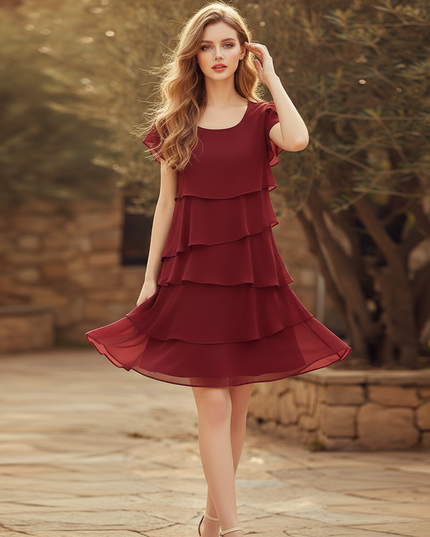 Bordeauxrotes kurzes Kleid mit Volants - Ansicht 3