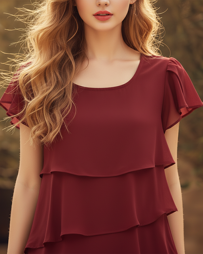 Bordeauxrotes kurzes Kleid mit Volants - Ansicht 4
