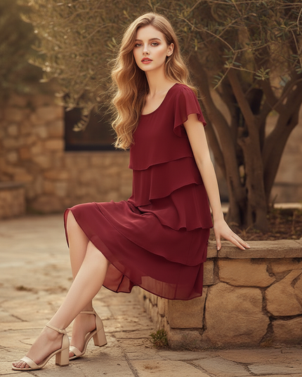 Bordeauxrotes kurzes Kleid mit Volants - Ansicht 5