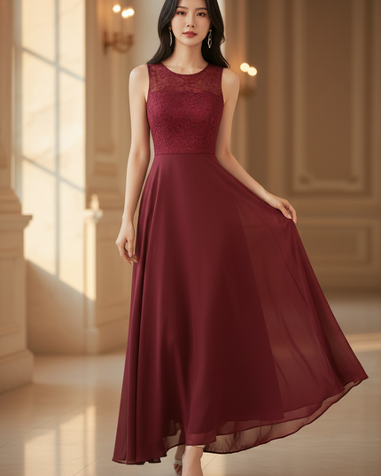 Bordeauxrotes Chiffon-Midikleid III - Ansicht 1