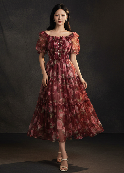 Bordeauxrotes Kleid mit Blumenmuster - Ansicht 1