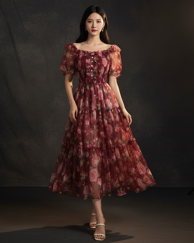 Bordeauxrotes Kleid mit Blumenmuster - Ansicht 1