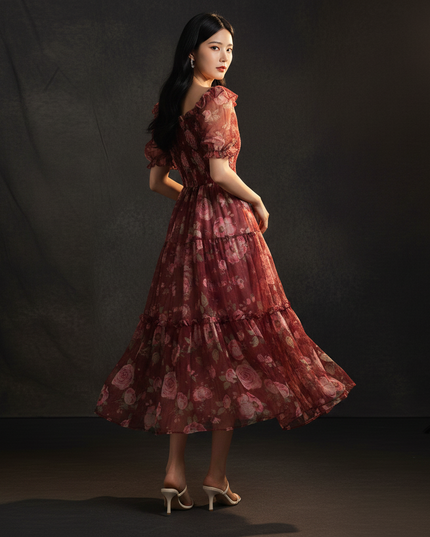 Bordeauxrotes Kleid mit Blumenmuster - Ansicht 2