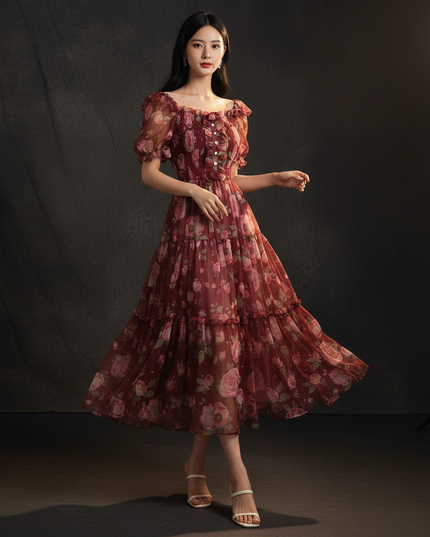 Bordeauxrotes Kleid mit Blumenmuster - Ansicht 3