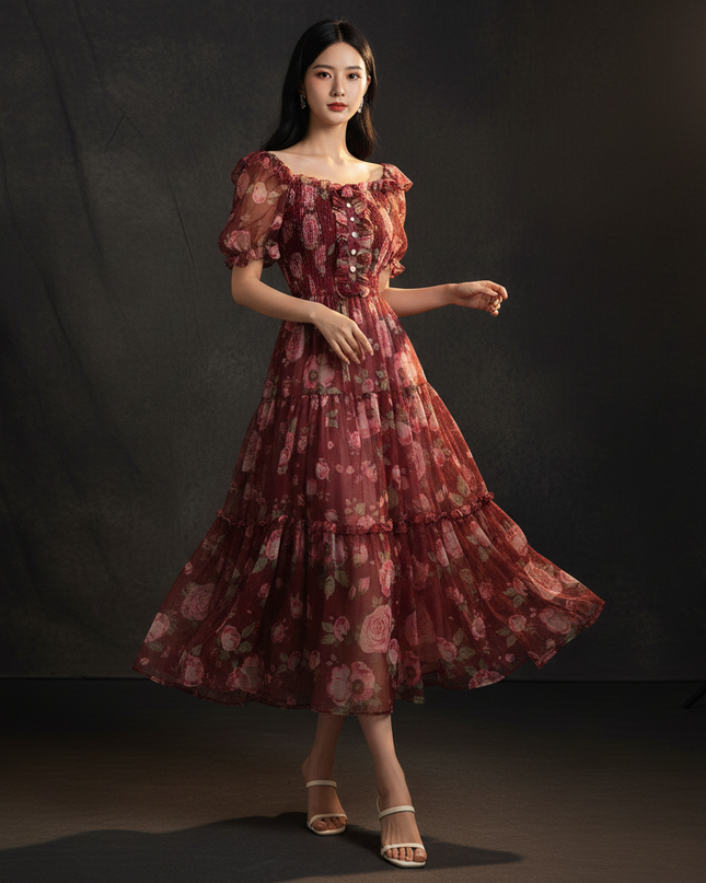 Bordeauxrotes Kleid mit Blumenmuster - Ansicht 3