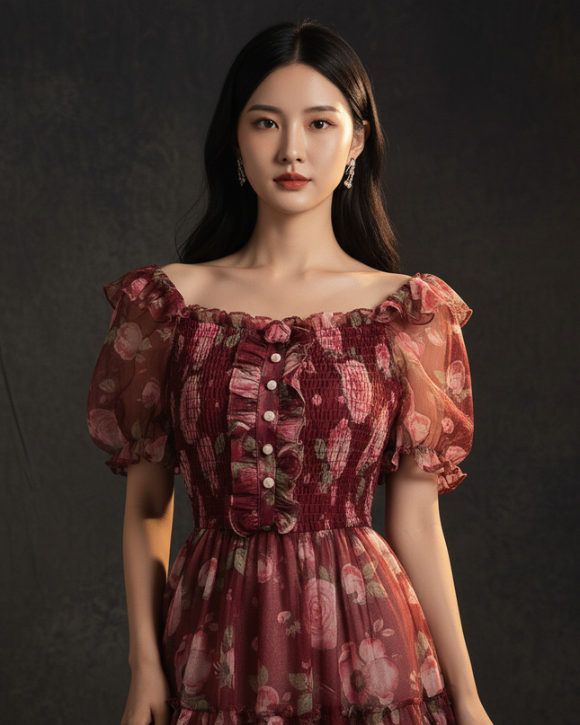 Bordeauxrotes Kleid mit Blumenmuster - Ansicht 4