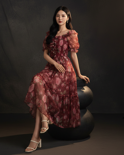 Bordeauxrotes Kleid mit Blumenmuster - Ansicht 5