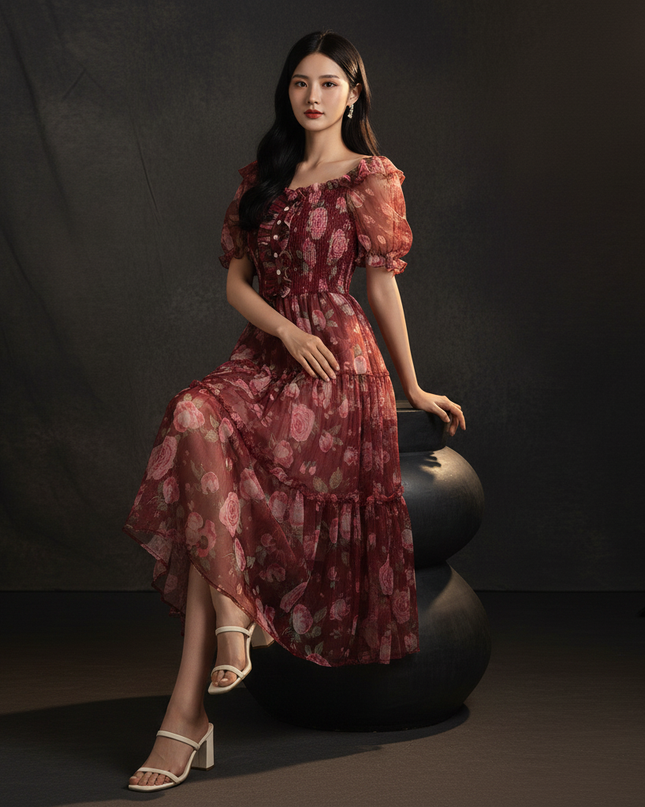 Bordeauxrotes Kleid mit Blumenmuster - Ansicht 5