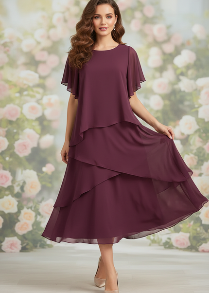 Chiffonkleid Bordeaux Midi mit Aermel - Ansicht 1