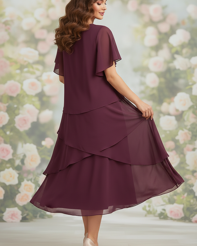 Chiffonkleid Bordeaux Midi mit Aermel - Ansicht 2
