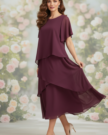 Chiffonkleid Bordeaux Midi mit Aermel - Ansicht 3