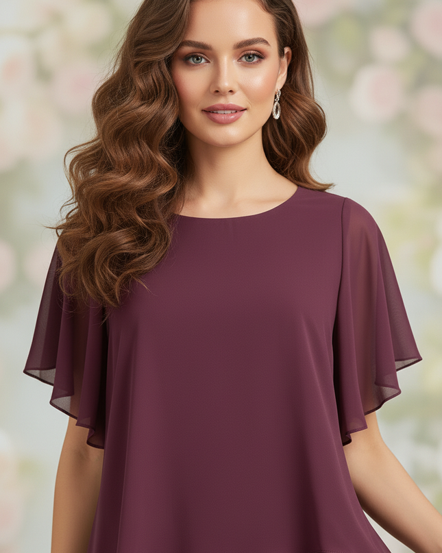 Chiffonkleid Bordeaux Midi mit Aermel - Ansicht 4