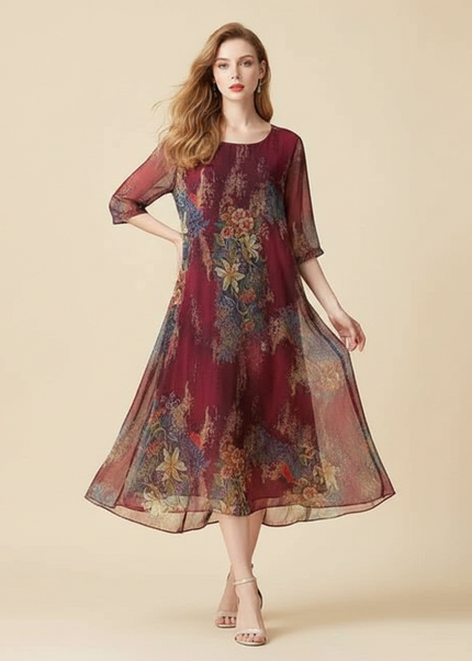 Bordeauxrotes Chiffon-Midikleid - Ansicht 1