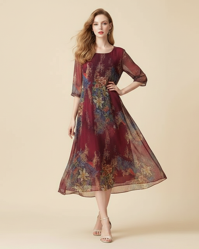 Bordeauxrotes Chiffon-Midikleid - Ansicht 3