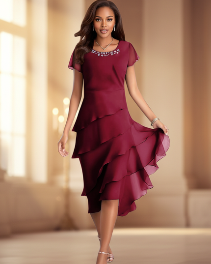 Bordeauxrotes Chiffonkleid mit Kurzarm - Ansicht 1