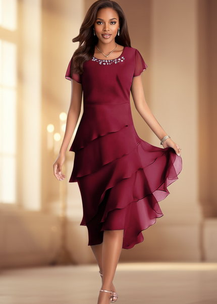 Bordeauxrotes Chiffonkleid mit Kurzarm - Ansicht 1