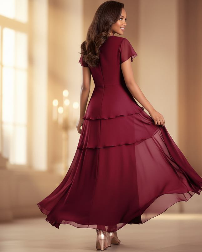 Bordeauxrotes Chiffonkleid mit Kurzarm - Ansicht 2