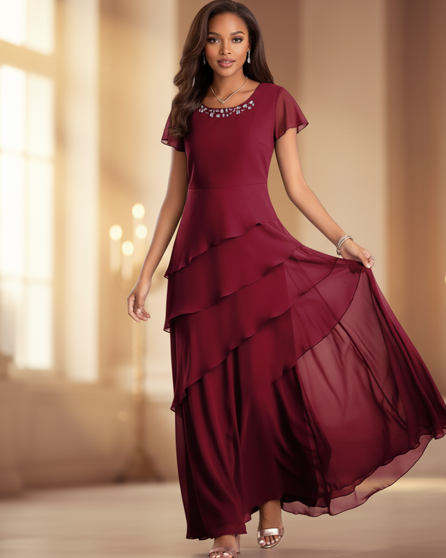 Bordeauxrotes Chiffonkleid mit Kurzarm - Ansicht 3