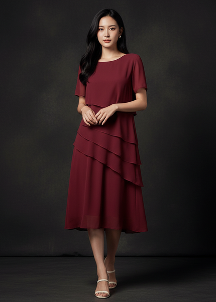 Festliches Chiffon-Midikleid in Bordeaux - Ansicht 1