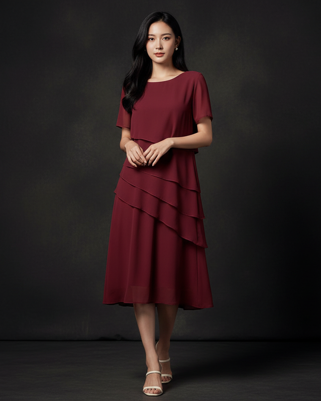 Festliches Chiffon-Midikleid in Bordeaux - Ansicht 1