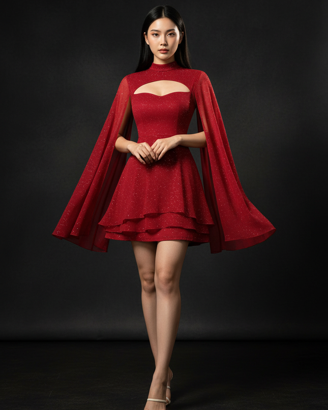 Schickes Chiffonkleid mit elegantem Cape - Ansicht 1