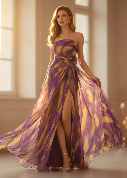 Buntes langes Chiffonkleid aermellos mit Print - Ansicht 1