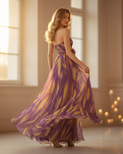 Buntes langes Chiffonkleid aermellos mit Print - Ansicht 2