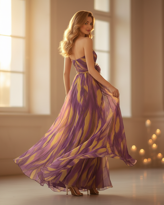 Buntes langes Chiffonkleid aermellos mit Print - Ansicht 2