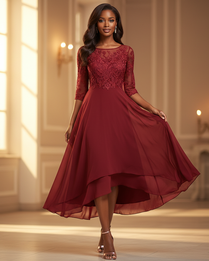 Chiffonkleid Burgunderrot mit Spitze - Ansicht 1