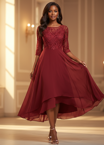 Chiffonkleid Burgunderrot mit Spitze - Ansicht 1