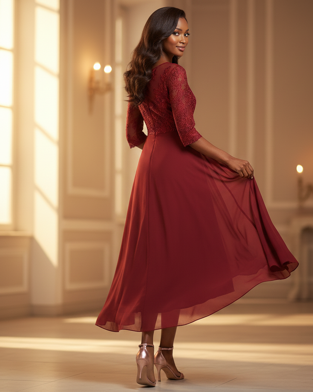 Chiffonkleid Burgunderrot mit Spitze - Ansicht 2
