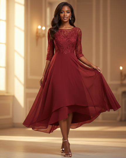 Chiffonkleid Burgunderrot mit Spitze - Ansicht 3